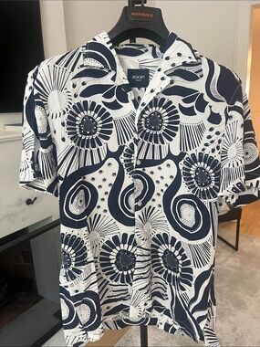 JOOP! Men’s Short Sleeve Floral Print Camp Shirt in Navy and White